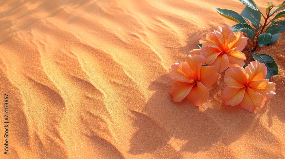 Wall mural  a group of orange flowers sitting on top of a sandy beach next to a green leafy plant in the middle of the sand, with green leaves on the top of the sand.