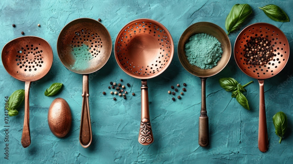 Poster five copper measuring spoons lined up next to each other on a blue surface with basil leaves and pow