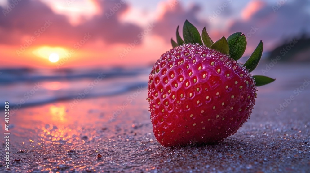 Aufkleber a close up of a strawberry on a beach with the sun setting in the background and a body of water in 