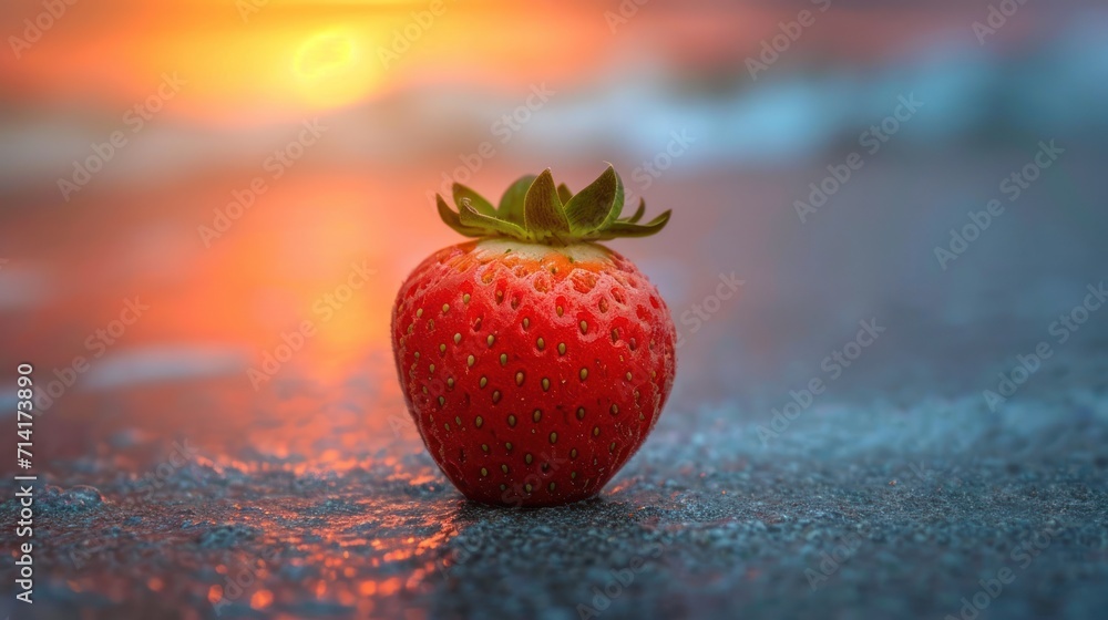 Poster a close up of a strawberry on a table with the sun setting in the back ground behind it and a blurry