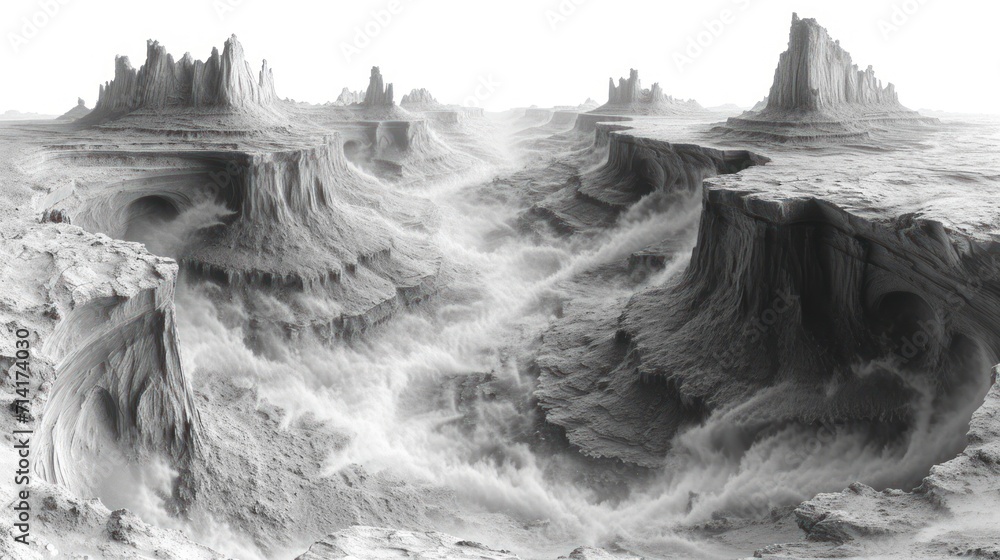 Poster a black and white photo of a landscape with a mountain range in the foreground and a river running t