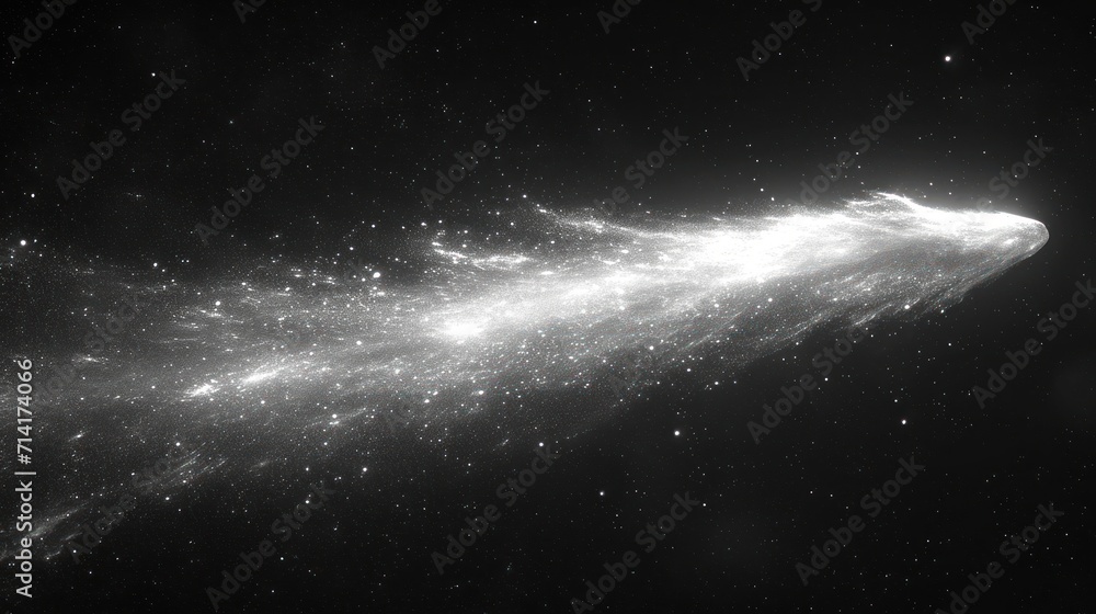 Poster a black and white photo of a very large object in the sky with stars all around it and a bright ligh