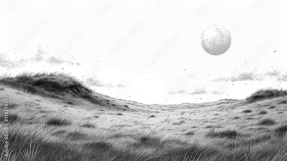 Poster a black and white photo of a field with grass and a large object in the sky in the middle of the pho