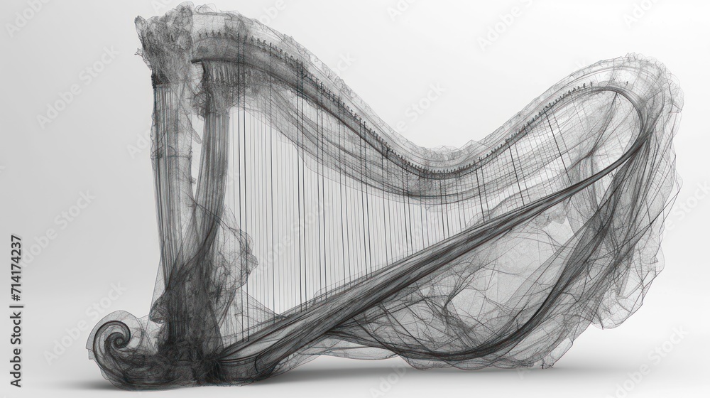 Poster a black and white photo of a musical instrument with strings in the shape of a rectangle on a white 