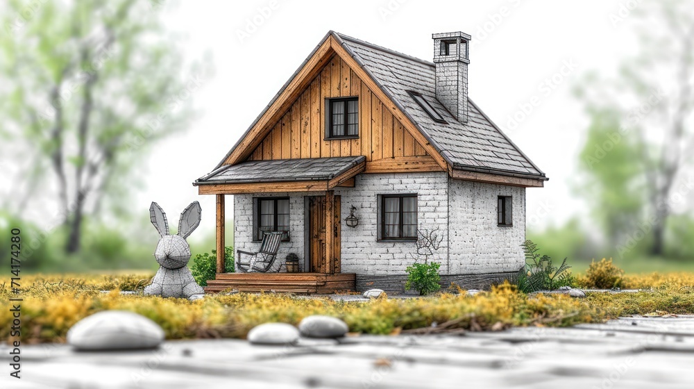 Poster a drawing of a small white house with a rabbit statue in front of it and trees in the back ground an