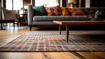 Close-up of a patterned, hand-loomed rug on a polished hardwood floor in an eclectic living room