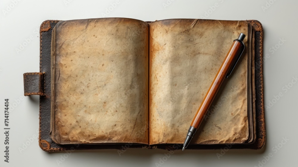 Poster an old book with a pen on top of it and a piece of paper in the middle of the book that has a hole i