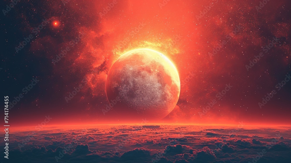 Poster an image of a planet in the sky with a bright red light coming out of the center of the image and th