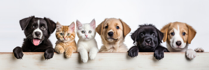 Isolated white background photo of cute dogs and cats lined up