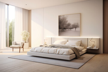 İvory color minimal bedroom interior with bed and luxury decoration