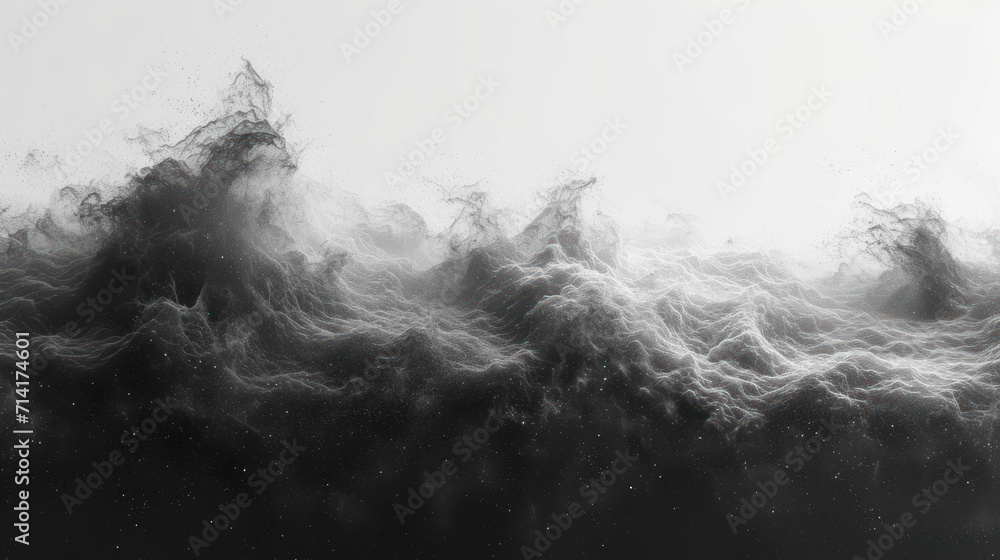 Poster a black and white photo of a large amount of clouds in the air with a plane flying in the distance i