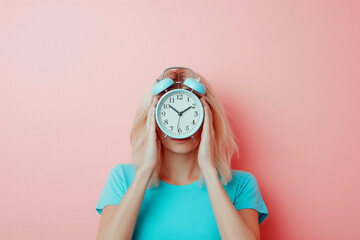 Woman hiding her face with alarm clock. Time management, schedule, deadline, time concept. Flow of time, rush and hurry, timing, organizing, planning, punctuality, lack of free time. Don't be late!