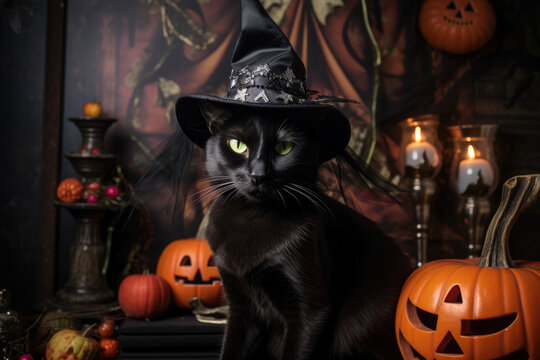 Jack o lantern halloween pumpkins and black cat in witch hat