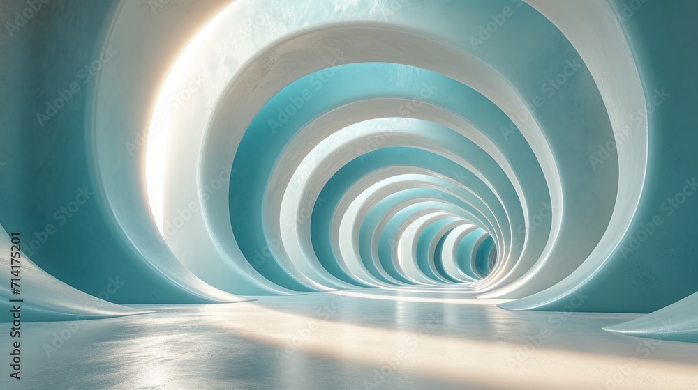 Poster a tunnel of blue and white swirls in the center of a room with a light at the end of the tunnel and 