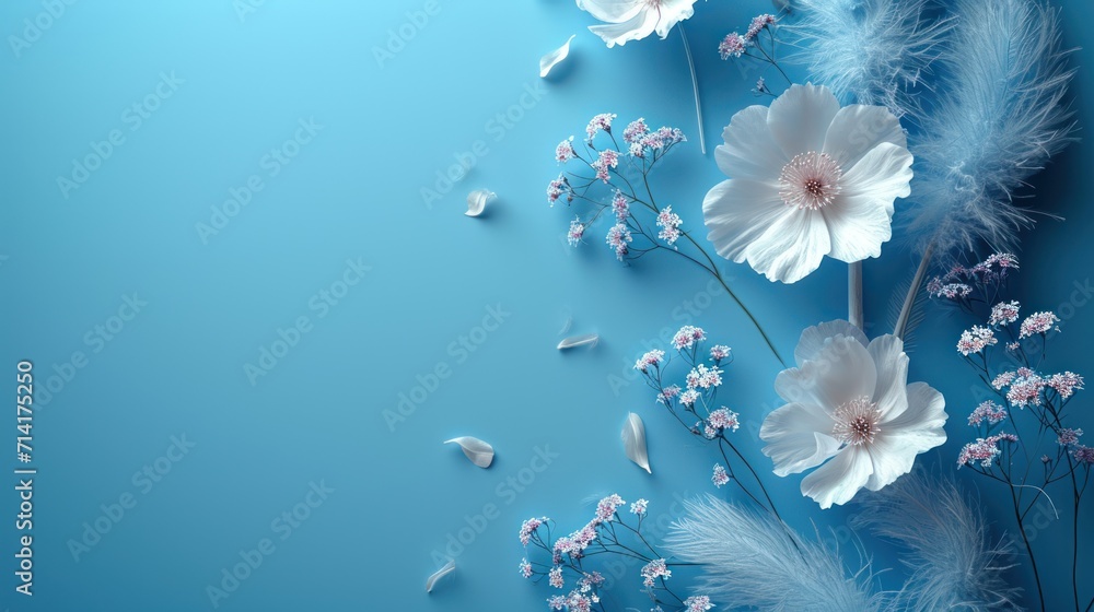 Poster a blue background with white flowers and feathers on the bottom of the image is a blue background wi