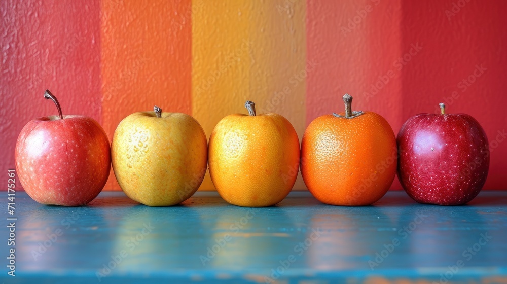 Poster a row of apples, oranges, and apples on a table in front of a multicolored wall and a blue table wit