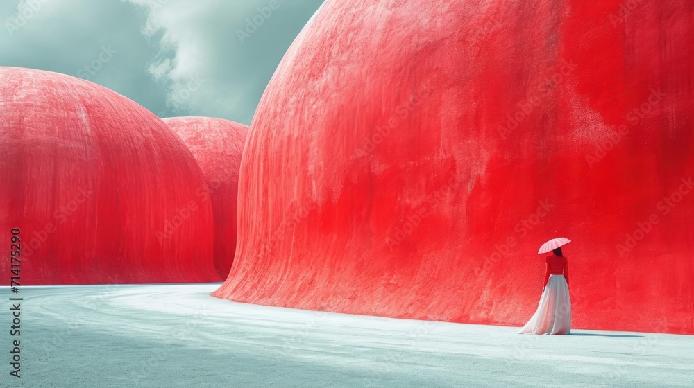 Poster a woman with an umbrella standing in front of a large red structure in the middle of a snow covered 