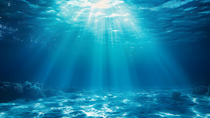 Fototapeta na wymiar Underwater Ocean - Blue Abyss With Sunlight - Diving And Scuba Background