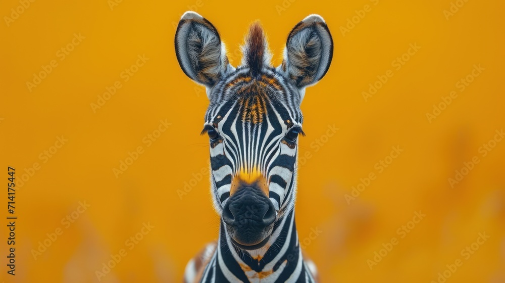 Poster a close up of a zebra's face with a yellow background in the foreground and a blurry background in t