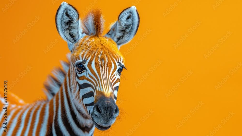 Poster a close up of a zebra's face with an orange background in the foreground and a zebra's head in the f