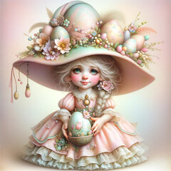Fototapeta premium Cute little doll with easter eggs in hat and flowers.