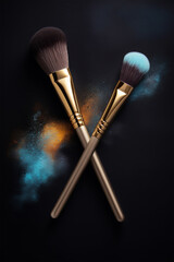 Makeup brushes with a colorful explosion of orange and blue powder on a black background. Brush with powder on black