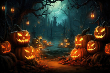 Jack o lantern pumpkins burning in the night and depressed background