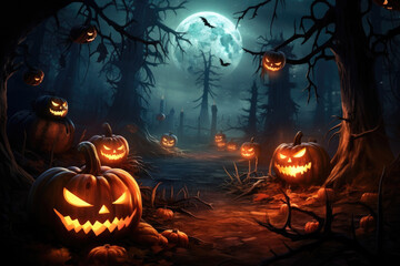 Jack o lantern pumpkins burning in the night and depressed background