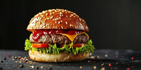 Juicy just cooked burger with meat and cheese , fast food , delicious , background , wallpaper.