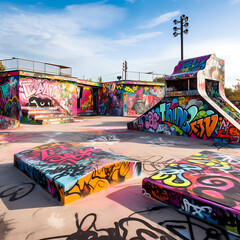 Grungy skateboard park with vibrant graffiti.