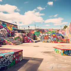 Fototapeta na wymiar Grungy skateboard park with vibrant graffiti.