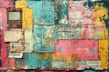 Vintage Chronicles: A Nostalgic Scrapbook Collage of Lightly Weathered Treasures - Newspaper, Blank Label, Vintage Ticket, and Postmark in a Soft Watercolor Hue