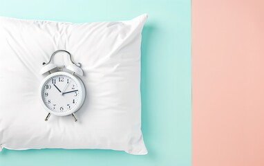 An alarm clock with a pillow in a pastel and peach backdrop with a big copy space, Generative AI.