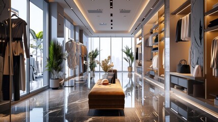 Fashion boutique in a modern chic retail space with large windows