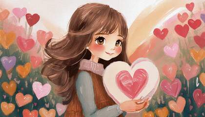 painting illustration of girl holding heart with Love, Valentines Day, art design