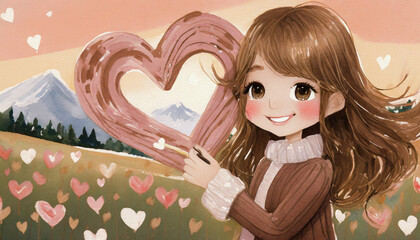 painting illustration of girl holding heart with Love, Valentines Day, art design