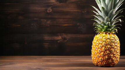 Ripe pineapple on a wooden background, with copy space, healthy fruit food concept.