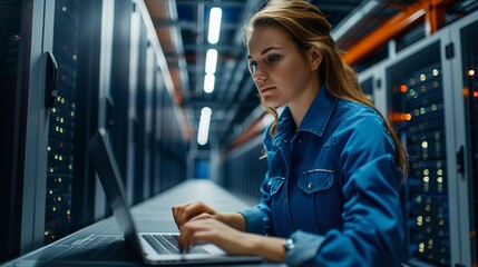 An IT engineer who is female is using a laptop at the data center, space, Generative AI.