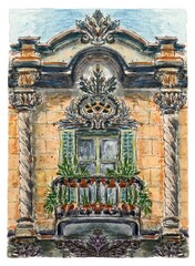 Postcard with window, watercolor illustration