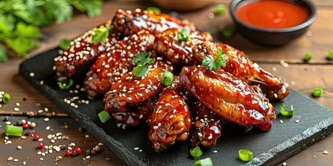 Fotobehang Incredibly tasty BBQ chicken with sesame seeds on a black plate, fast food, sweet and sour sauce, Asian cuisine, background, wallpaper. © Людмила