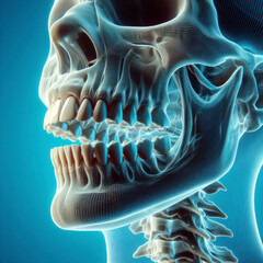 3d Close up human jaw isolated on bright blue background. ai generative