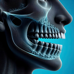 3d Close up human jaw isolated on bright blue background. ai generative