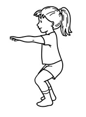 Hand-drawn illustration with girl doing sport. Black and white images on white background.