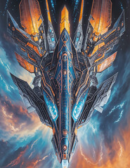 A space ship with six wings and a tail fin is shown in front of a background of blue, pink, and orange clouds.