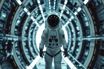 Astronaut in Futuristic Spacecraft Interior