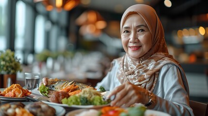 Close shot of an happy middle aged Muslim woman having meal in restaurant with a big copy space, Generative AI.