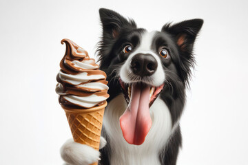 Border Collie dog with tongue hanging out, big bulging eyes eat ice cream cone on solid white background. ai generative