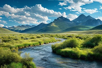 landscape with green grass bushes river and mountains