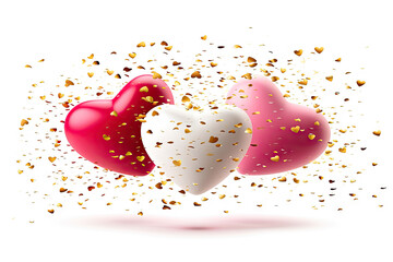 Red, pink and white hearts with golden confetti isolated