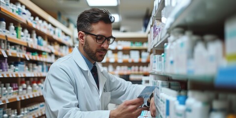 A handsome male pharmacist working in a pharmacy - Powered by Adobe